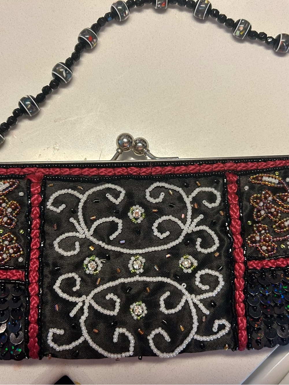 Beaded Black and Pink Embellished Clutch Bag